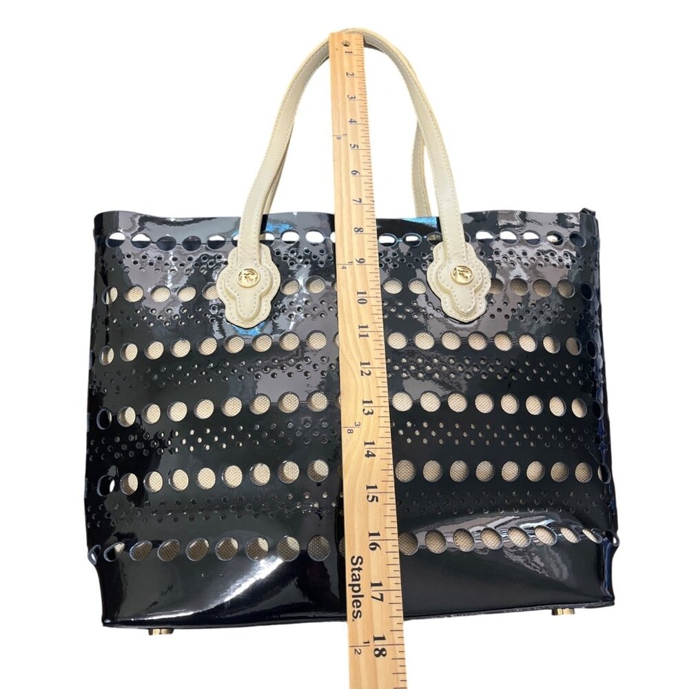 Spartina 449 Black Patent Leather Tote Bag Laser-Cut Dots With Beige Handles - Picture 5 of 7